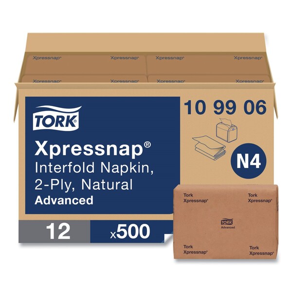 Tork Xpressnap Interfold Dispenser Napkins, 2-Ply, 6.5 x 8.5, Natural, 6000PK - 109906