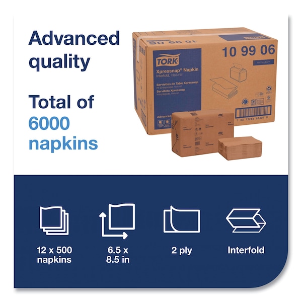 Tork Xpressnap Interfold Dispenser Napkins, 2-Ply, 6.5 x 8.5, Natural, 6000PK - 109906
