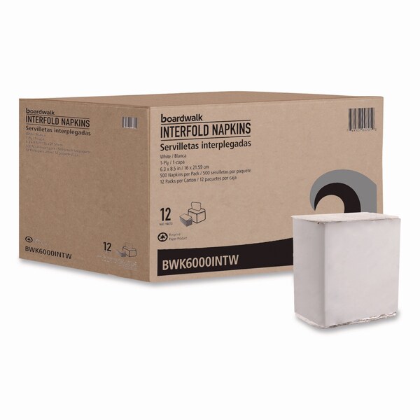 Boardwalk Interfold Napkins, 1-Ply, 8.8in x 6.3in, White, 6000PK - BWK6000INTW