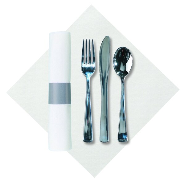 Caterwrap 8" x 8.5" Pre-Rolled White Dinner Napkins with Metallic Cutlery PK 100 PK - 119956