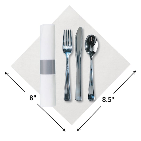 Caterwrap 8" x 8.5" Pre-Rolled White Dinner Napkins with Metallic Cutlery PK 100 PK - 119956
