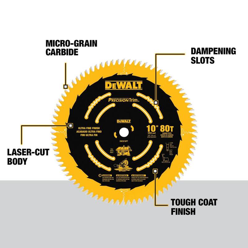 Corte Preciso Recubierto de Dewalt para Molduras con Espesor Delgado de 10 pulgadas y 80 Dientes para Corte Transversal Fino - DW3218PT