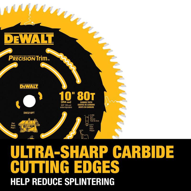 Corte Preciso Recubierto de Dewalt para Molduras con Espesor Delgado de 10 pulgadas y 80 Dientes para Corte Transversal Fino - DW3218PT