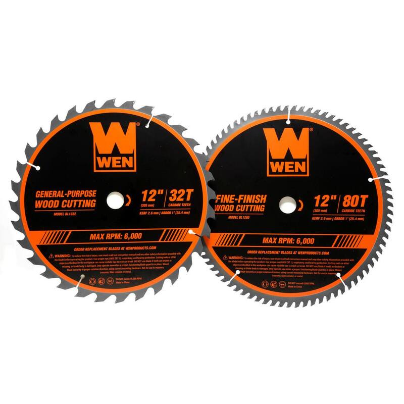 Juego de dos hojas de sierra de carburo para trabajar la madera de 12 pulgadas y 32 dientes y 80 dientes de la marca WEN - BL1232-2