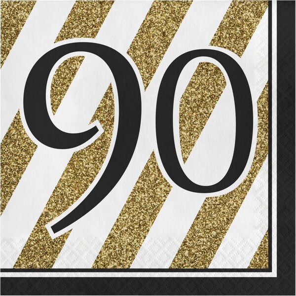 Creative Converting Black and Gold 90th Birthday Napkins, 6.5", 192PK - 317545