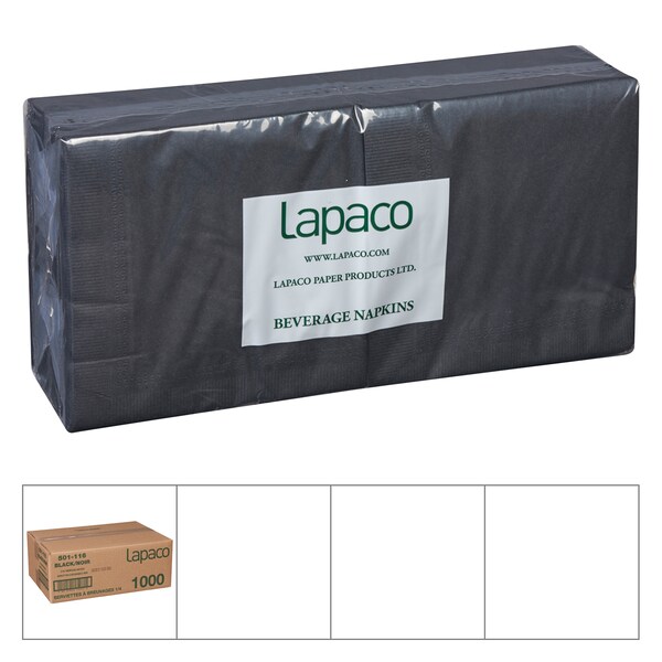 Lapaco Lapaco 10"x10" 1/4 Fold 2 Ply Black Beverage Napkin, PK1000 - 501-116