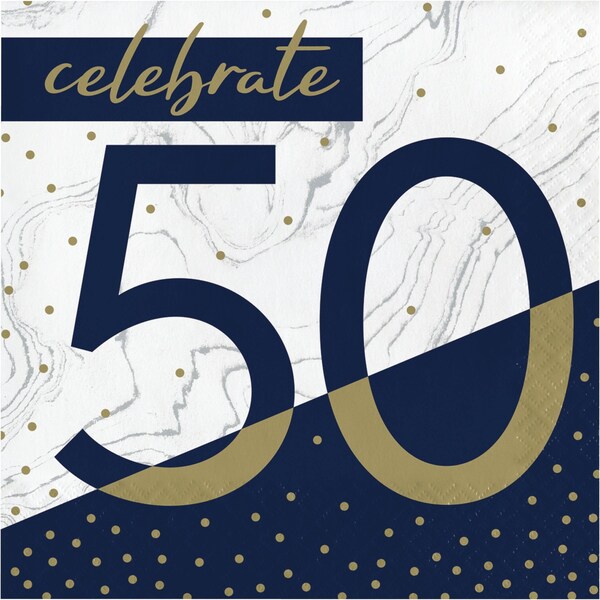 Creative Converting Navy and Gold 50th Birthday Napkins, 6.5", 192PK - 357608