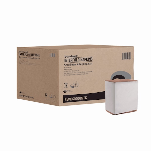 Boardwalk Interfold Napkins, 1-Ply, 8.8in x 6.3in, Kraft, 6000PK - BWK6000INTK
