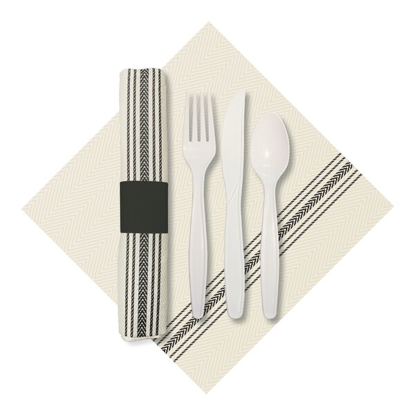 Caterwrap 8" x 4" Pre-rolled Black Dinner Napkins and EarthWise Cutlery PK 100 PK - 120012