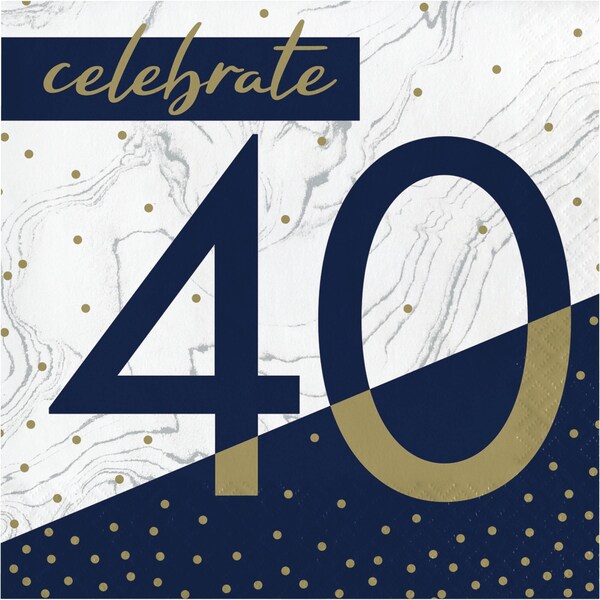 Creative Converting Navy and Gold 40th Birthday Napkins, 6.5", 192PK - 357607