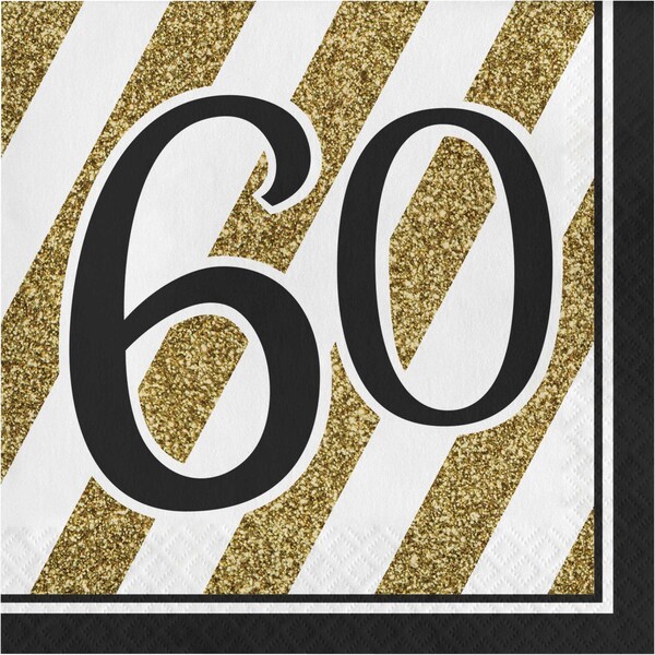 Creative Converting Black and Gold 60th Birthday Napkins, 6.5", 192PK - 317542