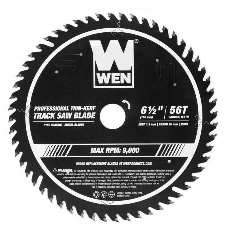 Hoja de sierra para riel de pista profesional WEN de 6.5 pulgadas y 56 dientes con punta de carburo y revestimiento de PTFE - BL6556.