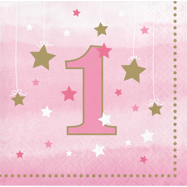 Creative Converting One Little Star Girl 1st Birthday Beverage Napkins, 5"x5", 192PK - 322253