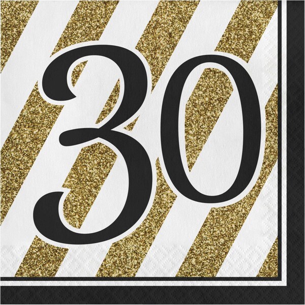 Creative Converting Black and Gold 30th Birthday Napkins, 6.5", 192PK - 317539