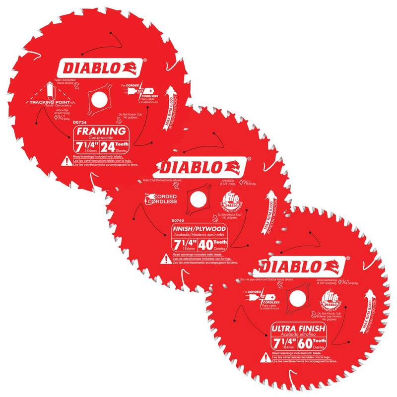 Juego de hojas de sierra circular DIABLO 7-1/4" - Punto de seguimiento de 24 dientes para estructuras, 40 dientes para acabados y 60 dientes para acabados finos (3 hojas) - D07244060R3GS