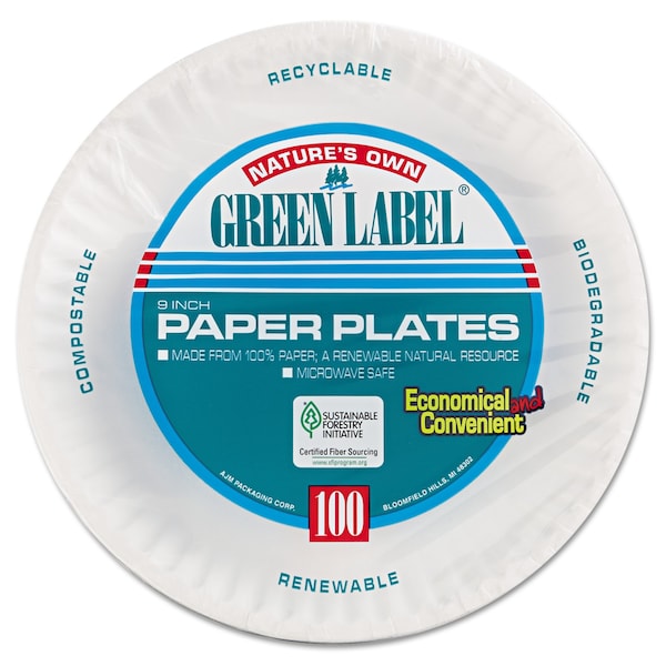 Ajm Packaging Paper Plates, 9" Diameter, White, PK100 - AJM PP9GRAWH PACK