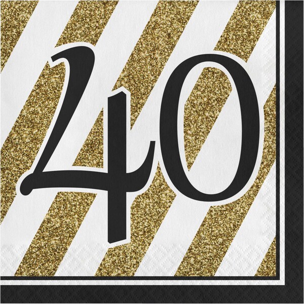 Creative Converting Black and Gold 40th Birthday Napkins, 6.5", 192PK - 317540