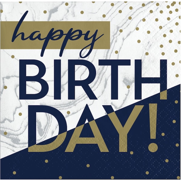 Creative Converting Navy and Gold Birthday Beverage Napkins, 5"x5", 192PK - 357618