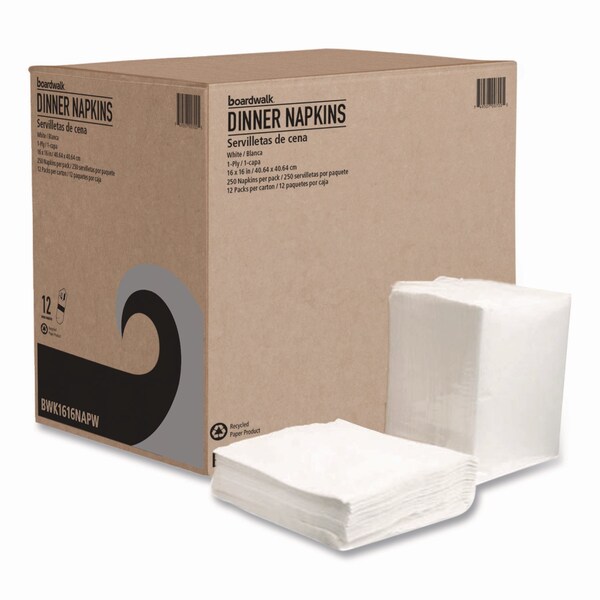 Boardwalk Dinner Napkins, 1-Ply, 16in x 16in, White, 3000PK - BWK1616NAPW