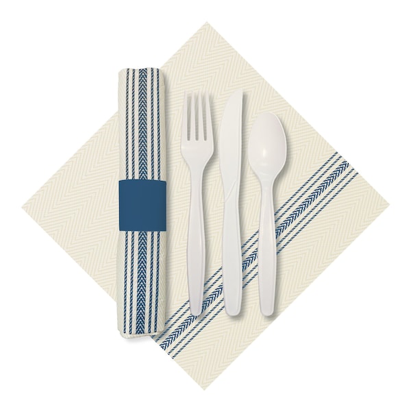Caterwrap 8" x 4" Pre-rolled Blue Dinner Napkins and EarthWise Cutlery PK 100 PK - 120011