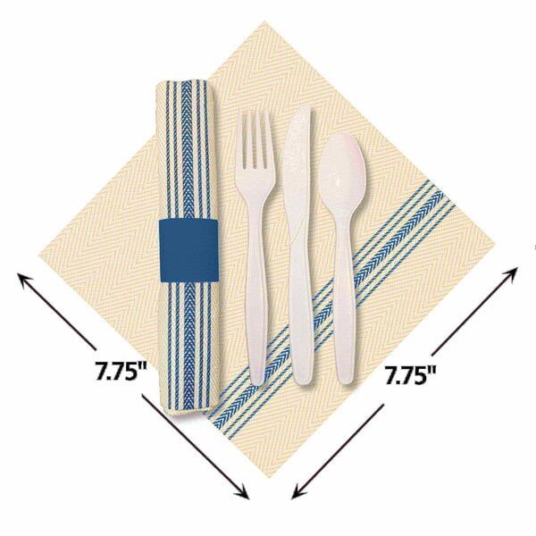 Caterwrap 8" x 4" Pre-rolled Blue Dinner Napkins and EarthWise Cutlery PK 100 PK - 120011