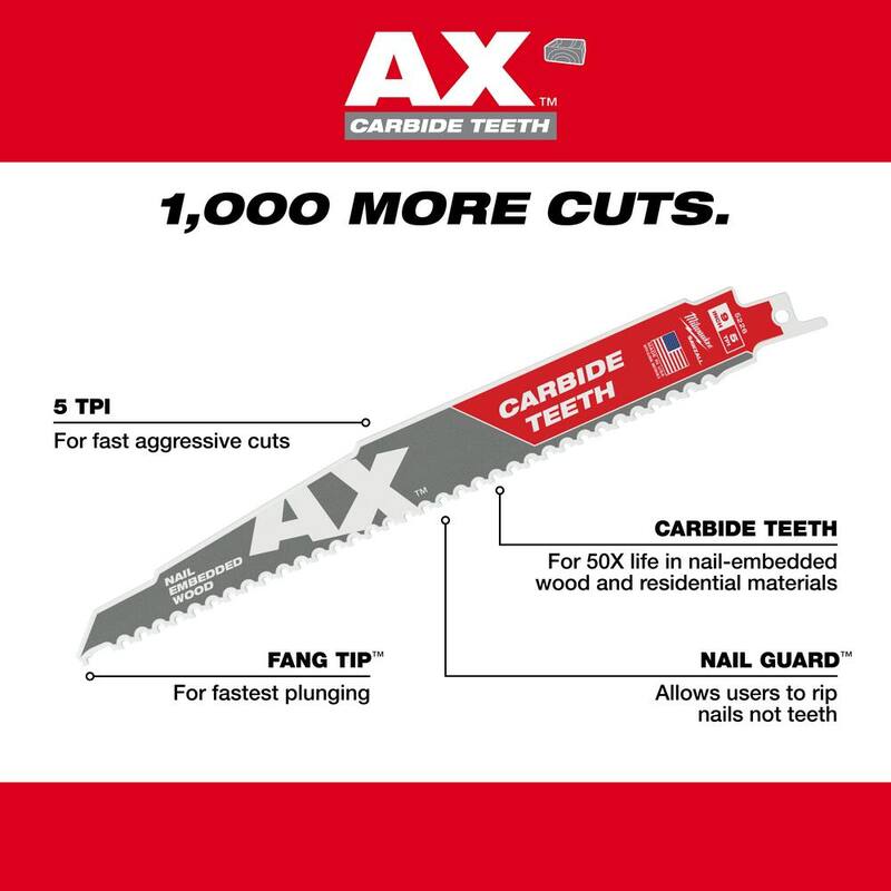 Milwaukee 6 in. 5 TPI AX Carbide Teeth Demolition Nail-Embedded Wood Cutting SAWZALL Reciprocating Saw Blades (Paquete de 5) - 48-00-5521