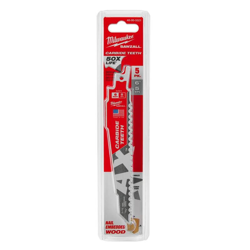 Milwaukee 6 in. 5 TPI AX Carbide Teeth Demolition Nail-Embedded Wood Cutting SAWZALL Reciprocating Saw Blades (Paquete de 5) - 48-00-5521