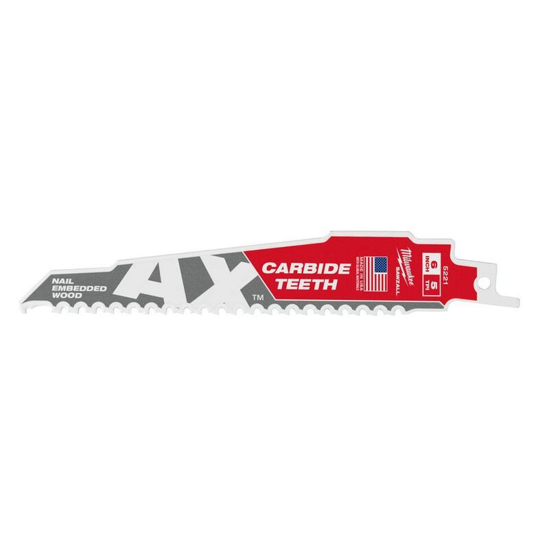 Milwaukee 6 in. 5 TPI AX Carbide Teeth Demolition Nail-Embedded Wood Cutting SAWZALL Reciprocating Saw Blades (Paquete de 5) - 48-00-5521