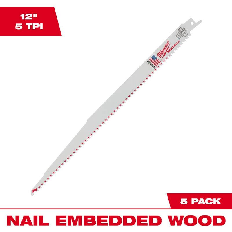 Milwaukee 12 pulgadas 5 TPI corte de madera de grano fino SAWZALL hojas de sierra reciproca (paquete de 5) - 48-00-5037