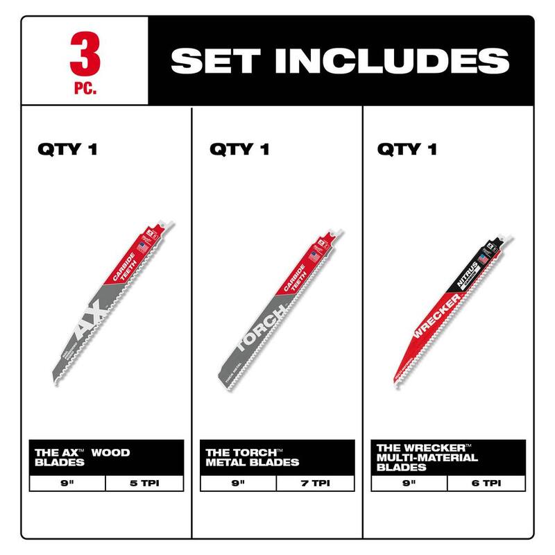 Milwaukee 9 pulgadas AX, TORCH & WRECKER Hojas de sierra de vaivén con dientes de carburo de tungsteno (Juego de 3 piezas) - 48-00-5226-48-00-5202-48-00-5272.