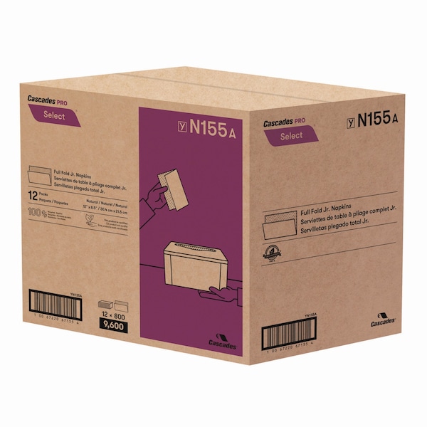Cascades Pro Select Full Fold II Napkins, 1-Ply, 12 x 8.5, White, 800/Pack, 12PK - N155