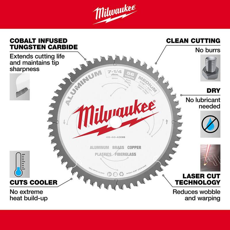 Hoja de sierra circular para corte de aluminio de 7-1/4 pulgadas x 56 dientes de carburo - 48-40-4335 de Milwaukee