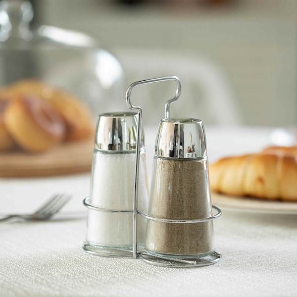 Basicwise Multifunctional Glass Salt and Pepper Shaker Set with Stainless Steel Holder - Perfect for - QI004715