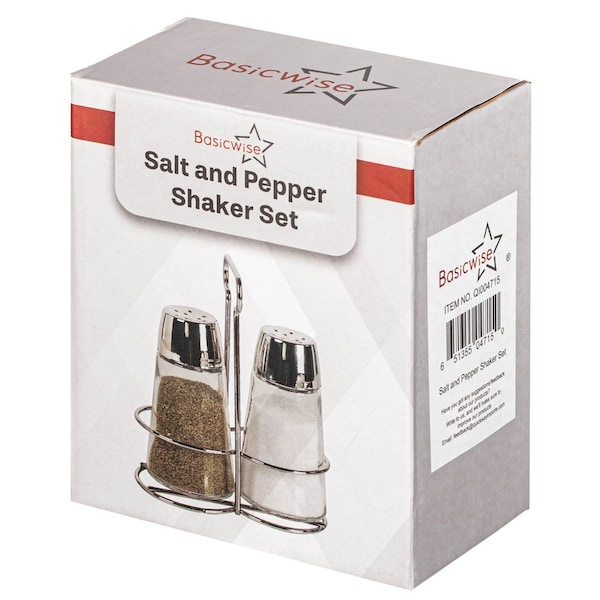 Basicwise Multifunctional Glass Salt and Pepper Shaker Set with Stainless Steel Holder - Perfect for - QI004715