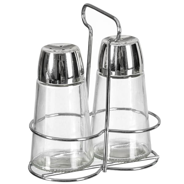 Basicwise Multifunctional Glass Salt and Pepper Shaker Set with Stainless Steel Holder - Perfect for - QI004715