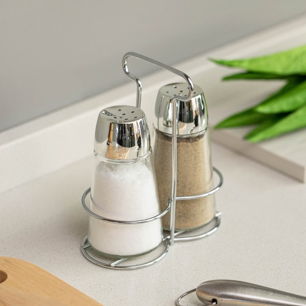 Basicwise Multifunctional Glass Salt and Pepper Shaker Set with Stainless Steel Holder - Perfect for - QI004715