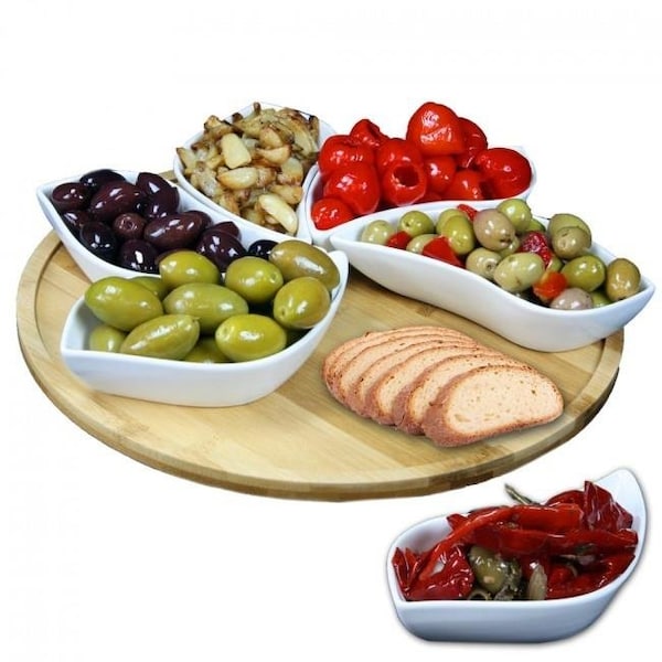 Elama Signature Elama Signature EL-170 Modern 13.5 in. Lazy Susan Appetizer & Condiment Server Set with 6 Unique Design Serving Dishes & A Bamboo Lazy Suzan Serving Tray - 7 Piece - EL-170
