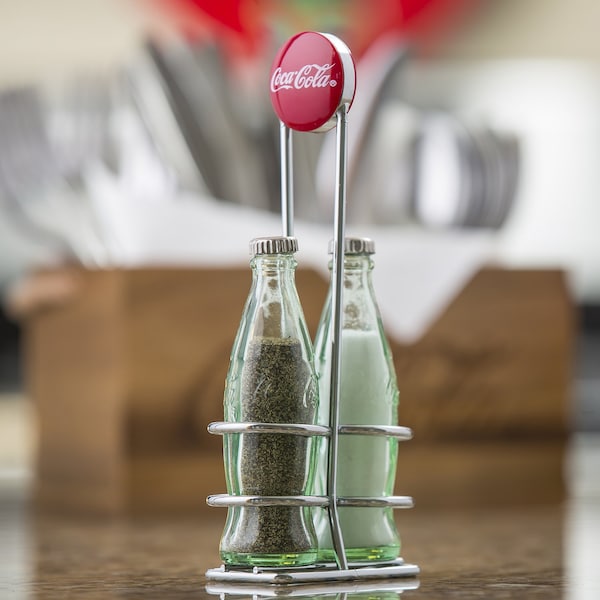 Coca-Cola TableCraft Coca-Cola Clear Glass/Steel Salt and Pepper Shakers w/Rack 1 oz - CC339N
