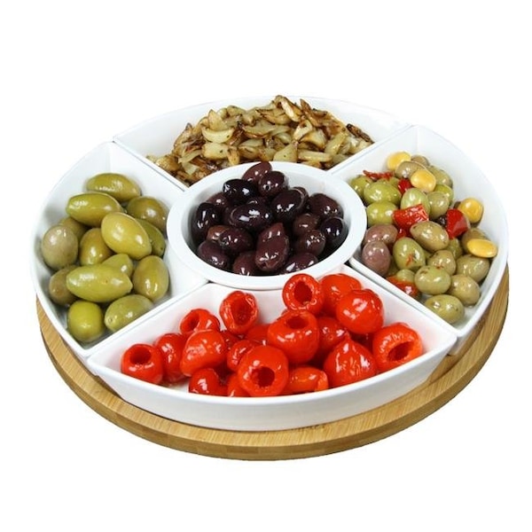 Elama Signature Elama Signature EL-179 12.25 in. 6 Piece Lazy Susan Appetizer & Condiment Server Set with 5 Serving Dishes & A Bamboo Lazy Suzan Serving Tray - EL-179