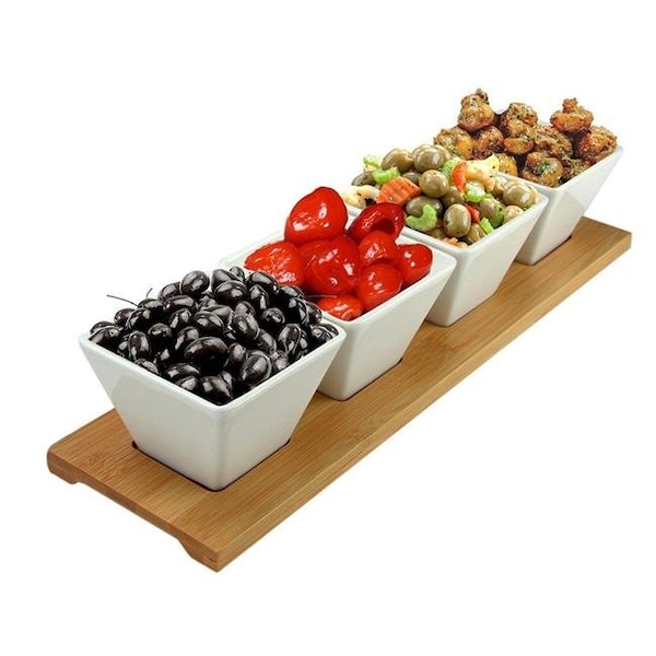 Elama Signature Elama Signature EL-232 Modern Appetizer & Condiment Server with 4 Serving Dishes & A Bamboo Serving Block - 5 Piece - EL-232