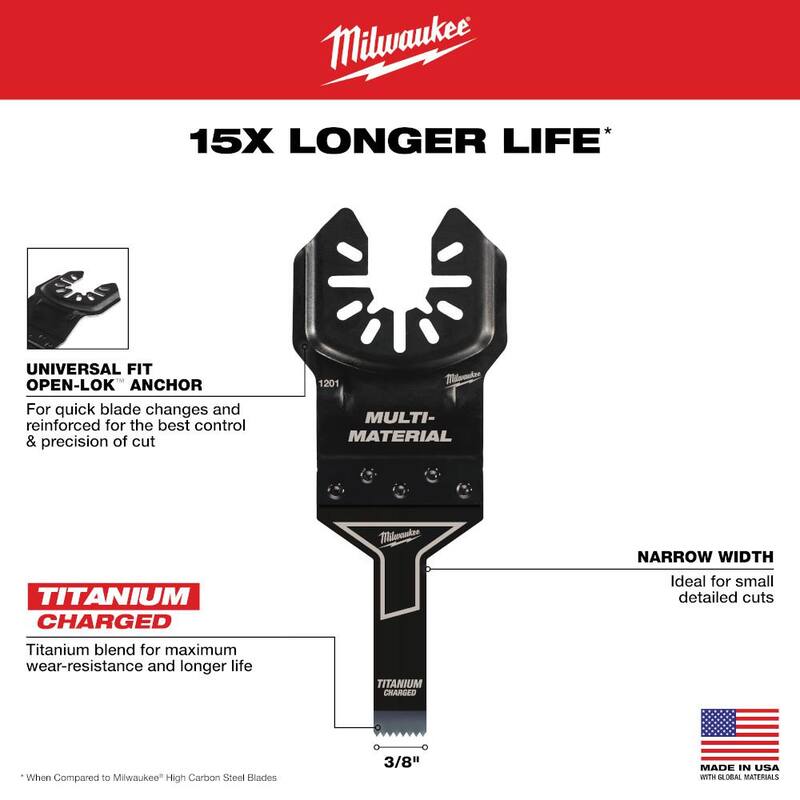 Cuchilla oscilante para herramienta múltiple Milwaukee de 3/8 pulgadas de titanio bimetálico de ajuste universal para corte de madera y metal (paquete de 1) - 49-25-1201