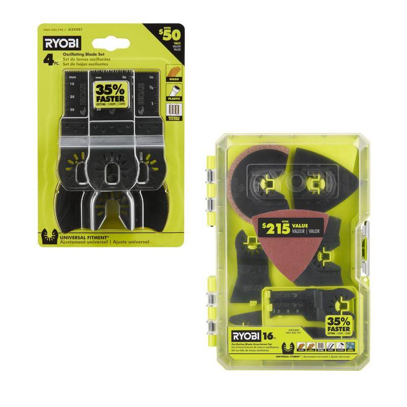 Set de 4 hojas para herramienta multiusos oscilante de madera RYOBI con juego de accesorios de 16 piezas para herramienta multiusos oscilante - A24401-A241601