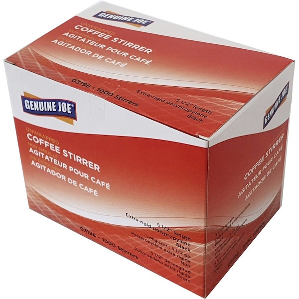 Genuine Joe Stirrer, Single Tube, Unwrapped, 5-1/2"L, 1000/BX, Black PK - GJO03196