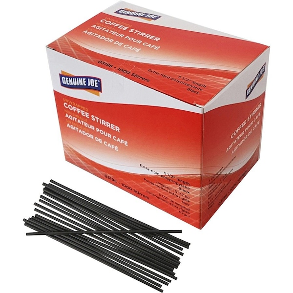 Genuine Joe Stirrer, Single Tube, Unwrapped, 5-1/2"L, 1000/BX, Black PK - GJO03196