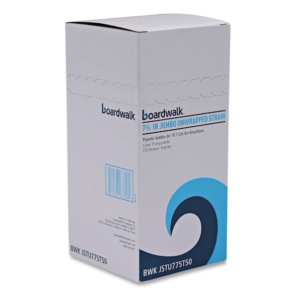 Boardwalk Jumbo Straws, 7 3/4", Plastic, Translucent, Unwrapped, PK12500 - BWKJSTU775T50
