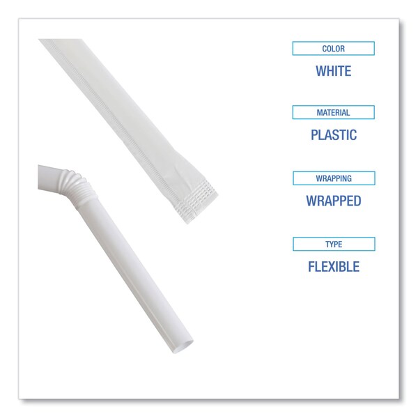 Boardwalk Flexible Wrapped Straws, 7.75", Plastic, White, PK10000 - BWKFSTW775W25