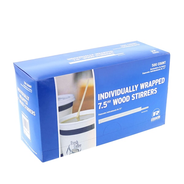 Amercareroyal Royal 7.5" Individually Wrapped Wood Coffee Stirrer, PK5000 - R825W