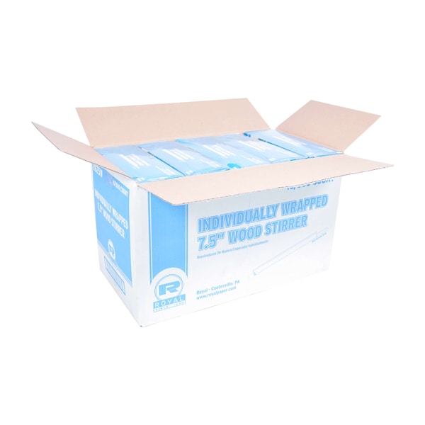 Amercareroyal Royal 7.5" Individually Wrapped Wood Coffee Stirrer, PK5000 - R825W