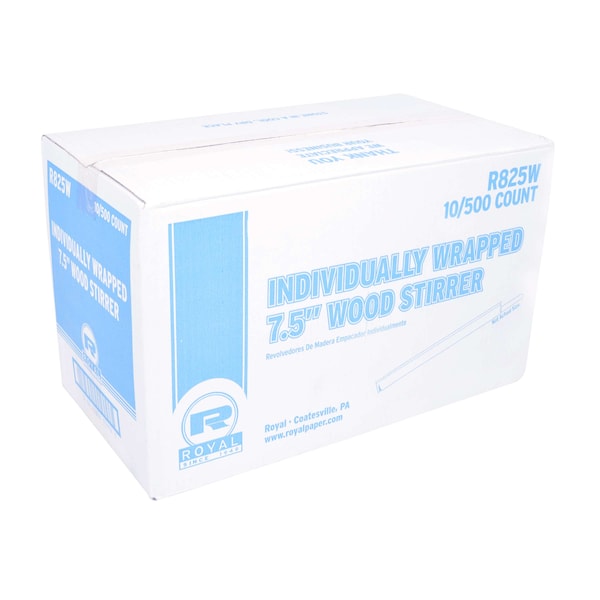 Amercareroyal Royal 7.5" Individually Wrapped Wood Coffee Stirrer, PK5000 - R825W