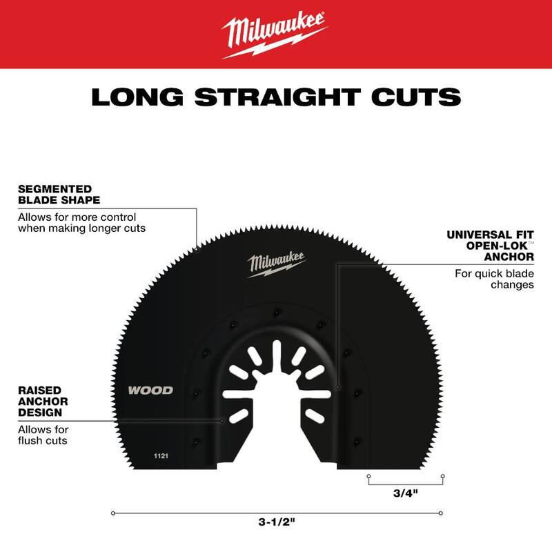 Cuchilla oscilante para multi-herramienta de corte de madera segmentada de ajuste universal de acero al alto carbono de 3-1/2 pulgadas Milwaukee (paquete de 1) - 49-25-1121